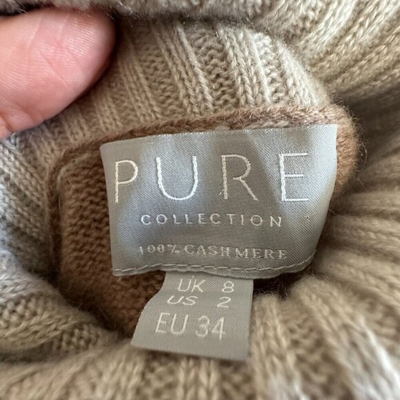 PURE Collection 100% Cashmere Turtleneck Sweater Beige Cream Ribbed Sleeve - Picture 12 of 16